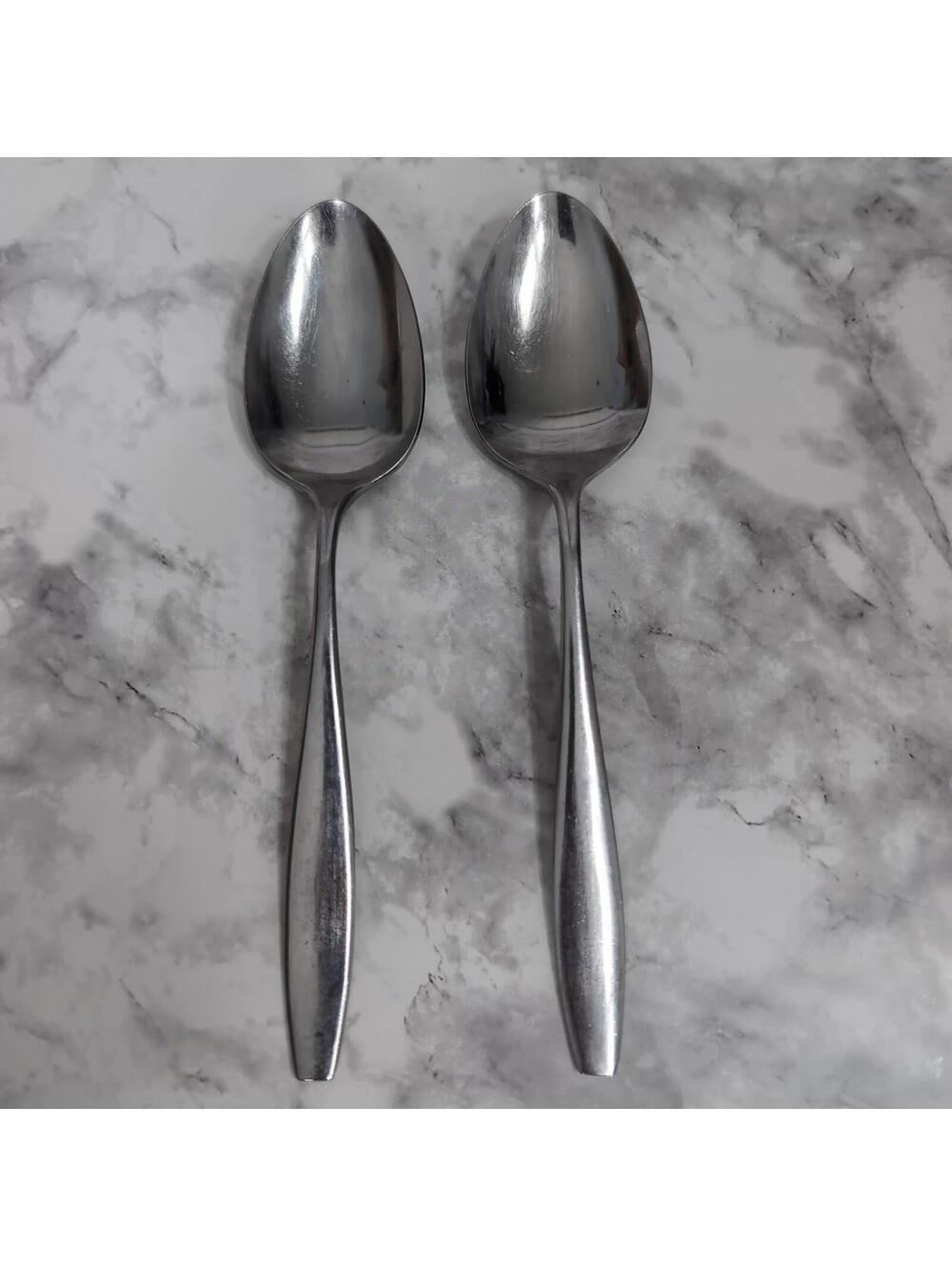 Lot of 2 Vintage Japan Stainless Steel Oval Spoons MCM  7" Tappered Handle
